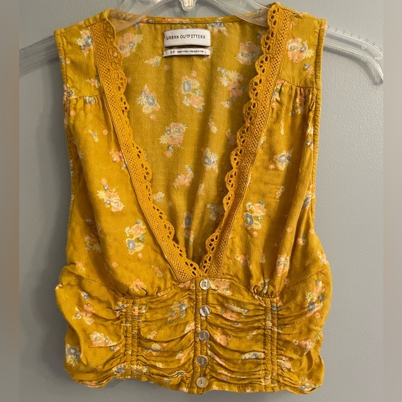 Urban Outfitters Yellow Floral Festival Flirty Button Down Halter Crop Top - Picture 3 of 8